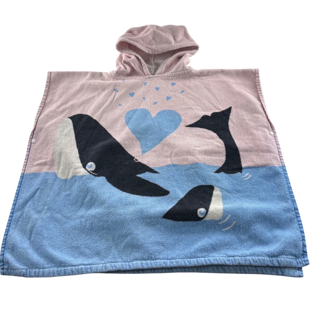 Huntington Home Kids Pink Blue Whale Hooded Poncho Beach Bath Towel 100% Cotton